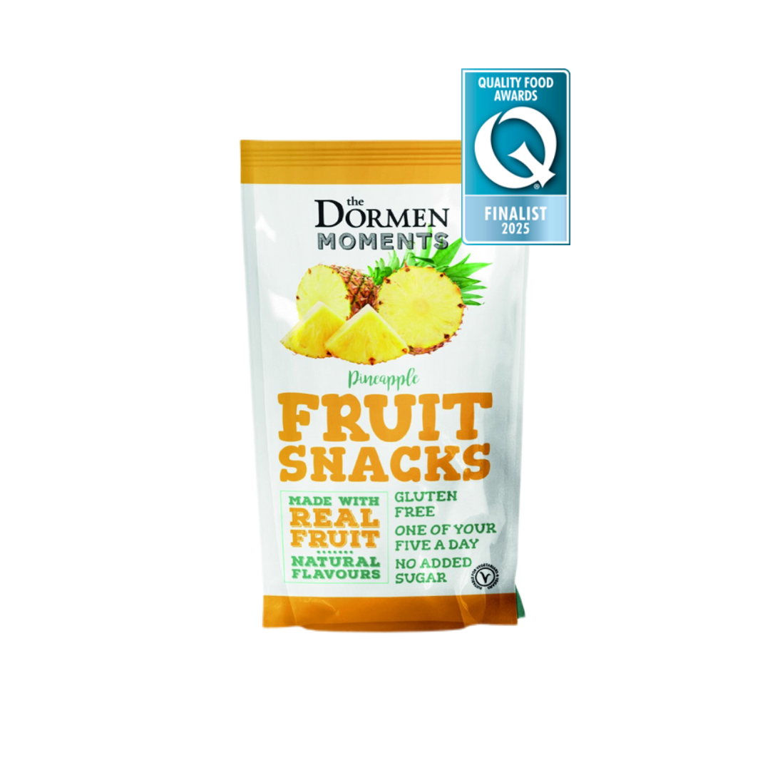A Packet of Pineapple Fruit Snacks, marked as the Quality Food Awards Finalist for 2025